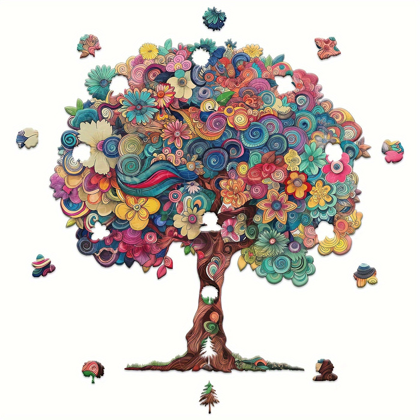 Wooden Jigsaw Puzzle for Adults - Floral Tree of Life with Irregular Animal-Shaped Pieces, Vibrant Artwork, Challenging Brain Teaser & Unique Gift for Focus & Creativity, Decorative Art Painting, Creative Focus Exercise | Intricate Craftsmanship, Wooden P