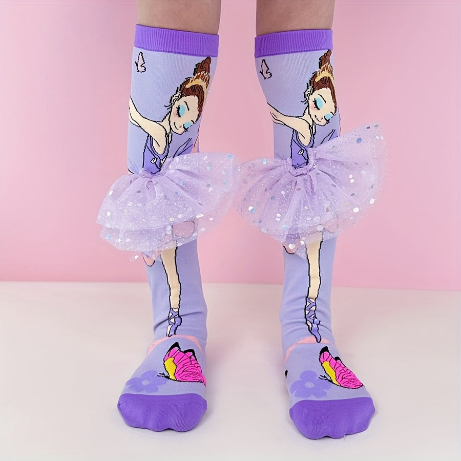 A pair of cartoon purple ballet girl knee-high socks, suitable for daily wear, vacation wear, party wear, suitable for holiday gifts