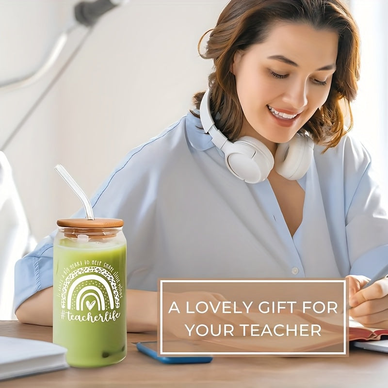 1pc Inspirational Teacher Appreciation Gift - 500ml/16.9oz Glass Coffee Cup with Motivational Quotes, Perfect for Teachers Day, Birthdays & Thank You Gifts, White, Kitchen & Dining Room Decor, Teacher Gift Idea | Playful Label Design | Wooden Lid Jar, Gif