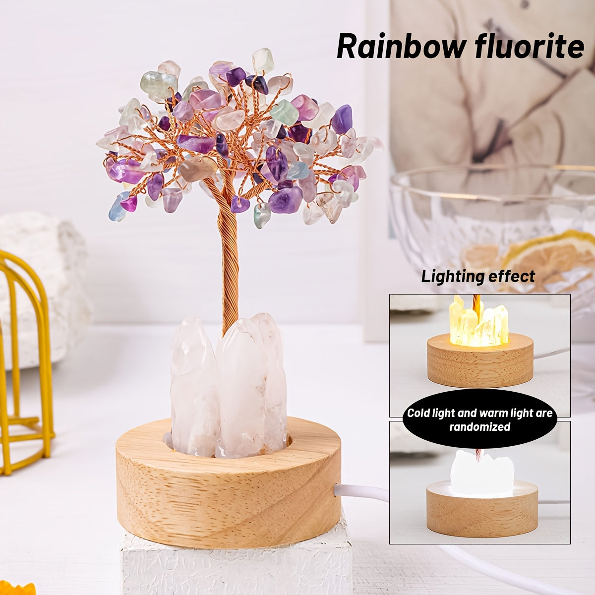 [Natural Quartz Crystal Nightlight] 1pc Natural Clear Quartz Crystal Chip Tree - USB Port Decorative Bedside Ambiance Nightlight