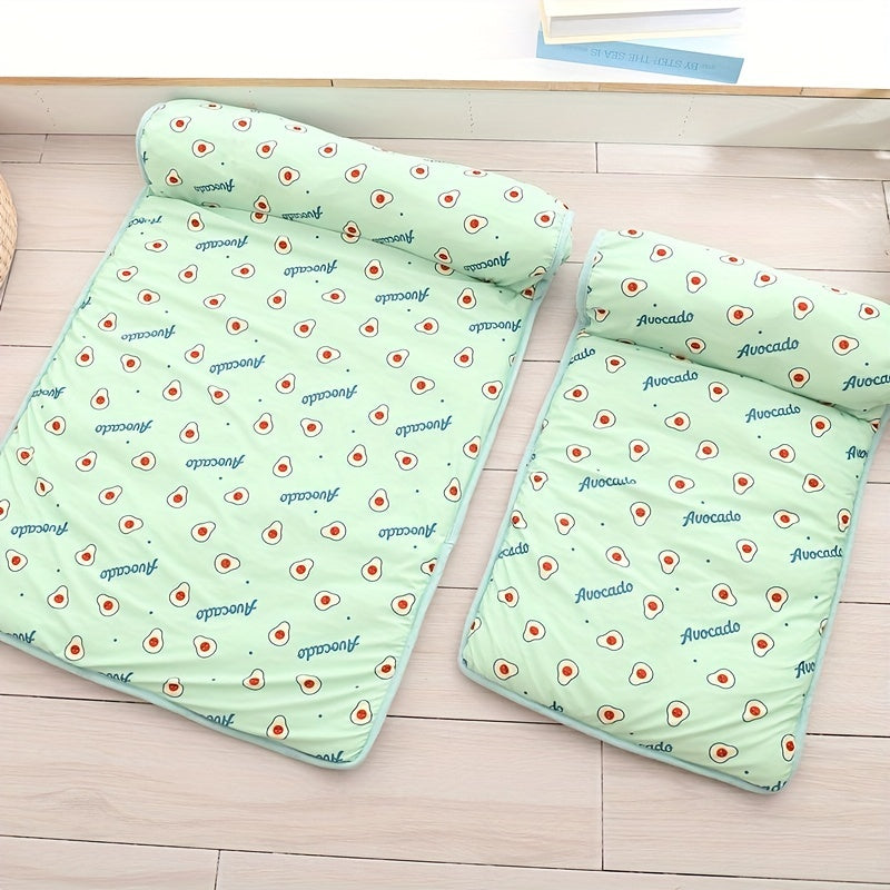 Cooling High-Resilience Pet Ice Dog Bed with Pillow - Breathable Non-Slip Square Dog Nest for Small Dogs, Machine Washable Fruit Pattern Design for Summer Comfort, Pet Beds for Dogs, Easyclean Material