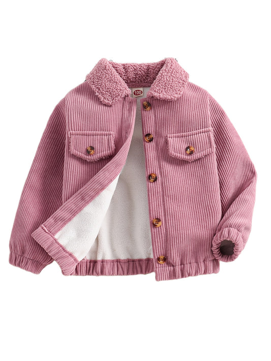 [Fleece Coat] Fleece-Lined Girls' Casual Long Sleeve Button-Up Coat | Solid Color, Lapel Collar, Regular Fit for Fall/Winter Outdoor Activities, Seasonal Layering Piece, Classic Collar Design, Durable Outerwear