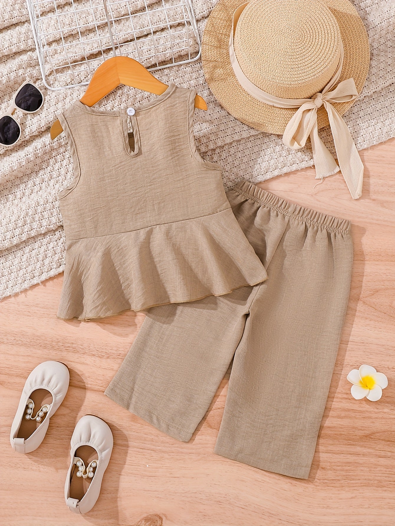 2pcs Young Girl Beach Vacation Set: Sleeveless Ruffle Hem Shirt + Wide Leg Pants, Sister Outfit, Perfect for Outdoor