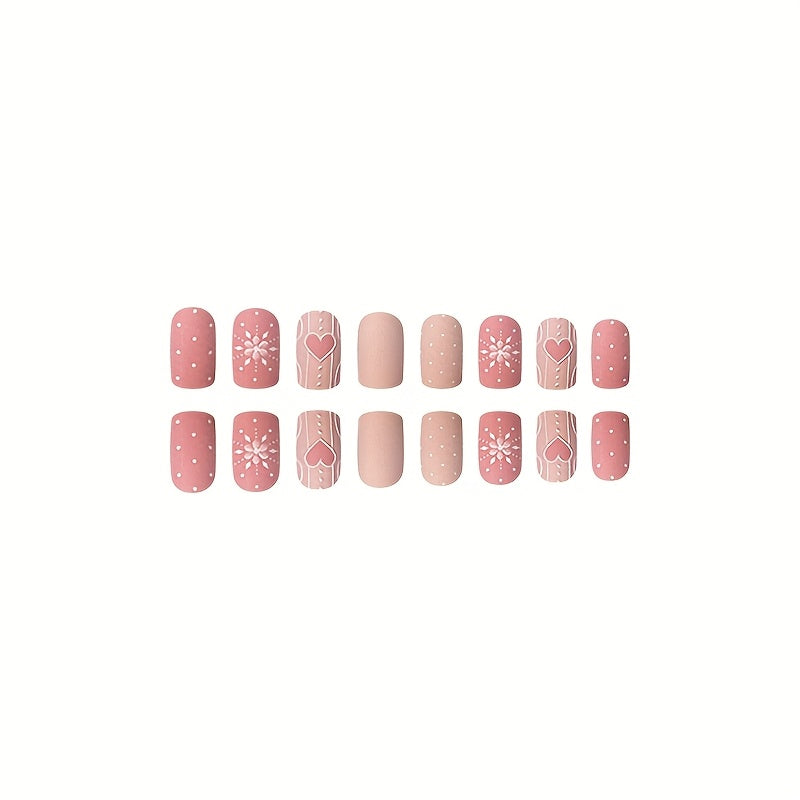 24pcs of Girlie Pink Sweet Heart-Shaped French Matte Textured False Nails Ready to Wear.