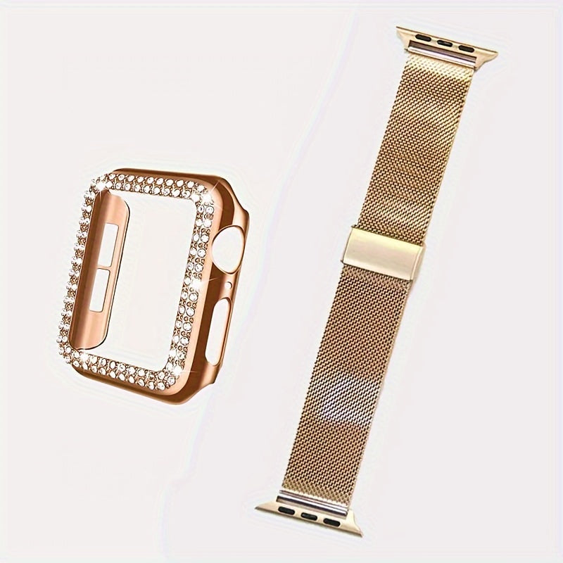 Dial Milan + Diamond Shell Golden Black Rose Golden Breathable Stainless Steel Braided Mesh Metal Strap Adjustable Suitable for iWatch series se s9 8 7 6 5 4 3 2 1 Series 2pcs Combination High-end Luxury Anti-collision Anti-scratch PC Hard Material Inlaid