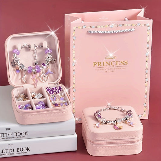 Charm bracelet making kits for girls DIY beads jewelry for gilrs crafts DIY bracelet with pink Faux Leather gift box