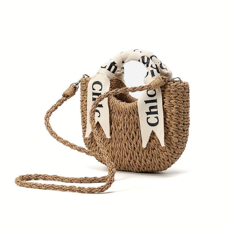 [Elegant Handbag] Elegant Straw Weaving Handbag | Simple and Stylish Women's Shoulder Bag Summer Beach Bag, Semi-Circular with Drawstring Closure, Casual Beach Tote