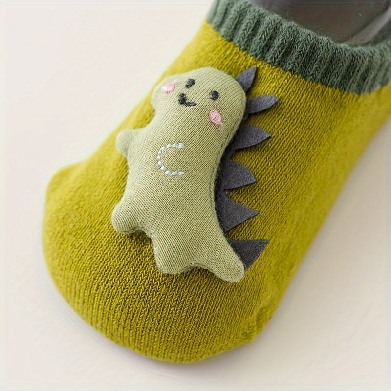 3 Pairs Of Baby Boy's Cartoon Animal Dino Decor Bottom Rubber Non-slip Sports Socks, Comfy Breathable Soft Socks For Babies Wearing