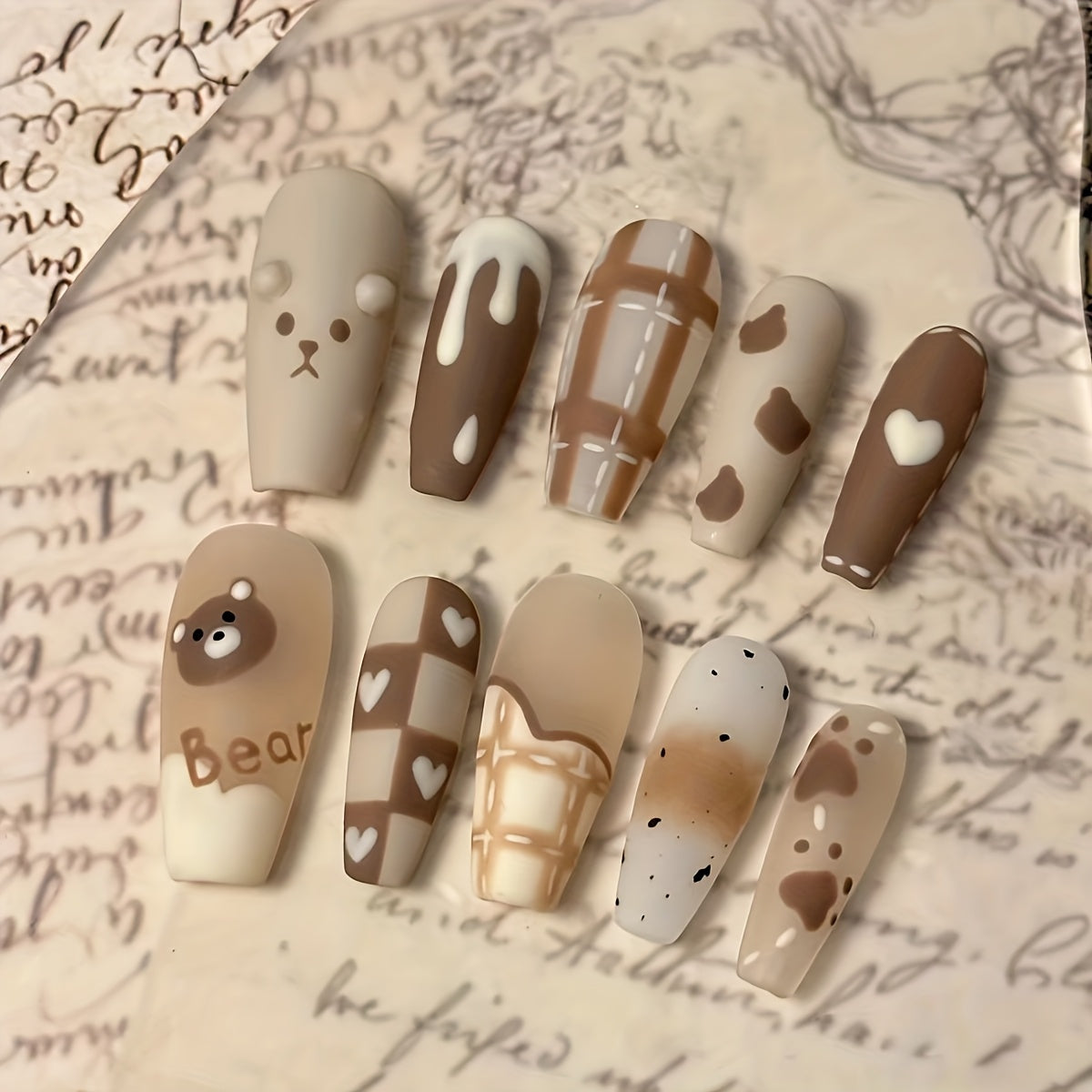 24pcs Cute Bear & Heart Design Press-On Nails - Medium Ballet Shape, Glossy Finish, Mixed Colors (Beige, Brown, White) with Jelly Glue & Nail File Included, Beauty Accessories, Whimsical Patterns, Durable Pressons