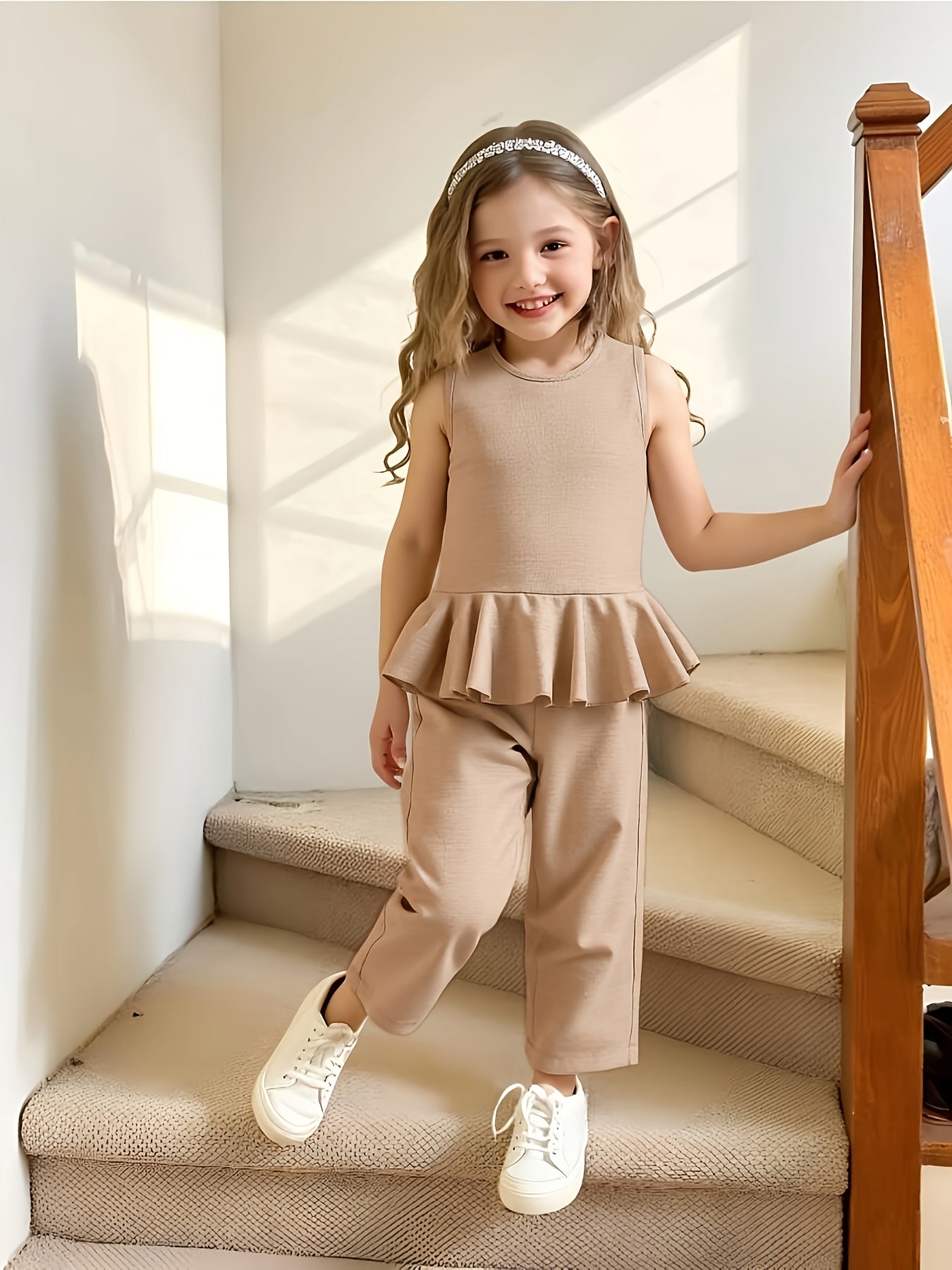 2pcs Young Girl Beach Vacation Set: Sleeveless Ruffle Hem Shirt + Wide Leg Pants, Sister Outfit, Perfect for Outdoor
