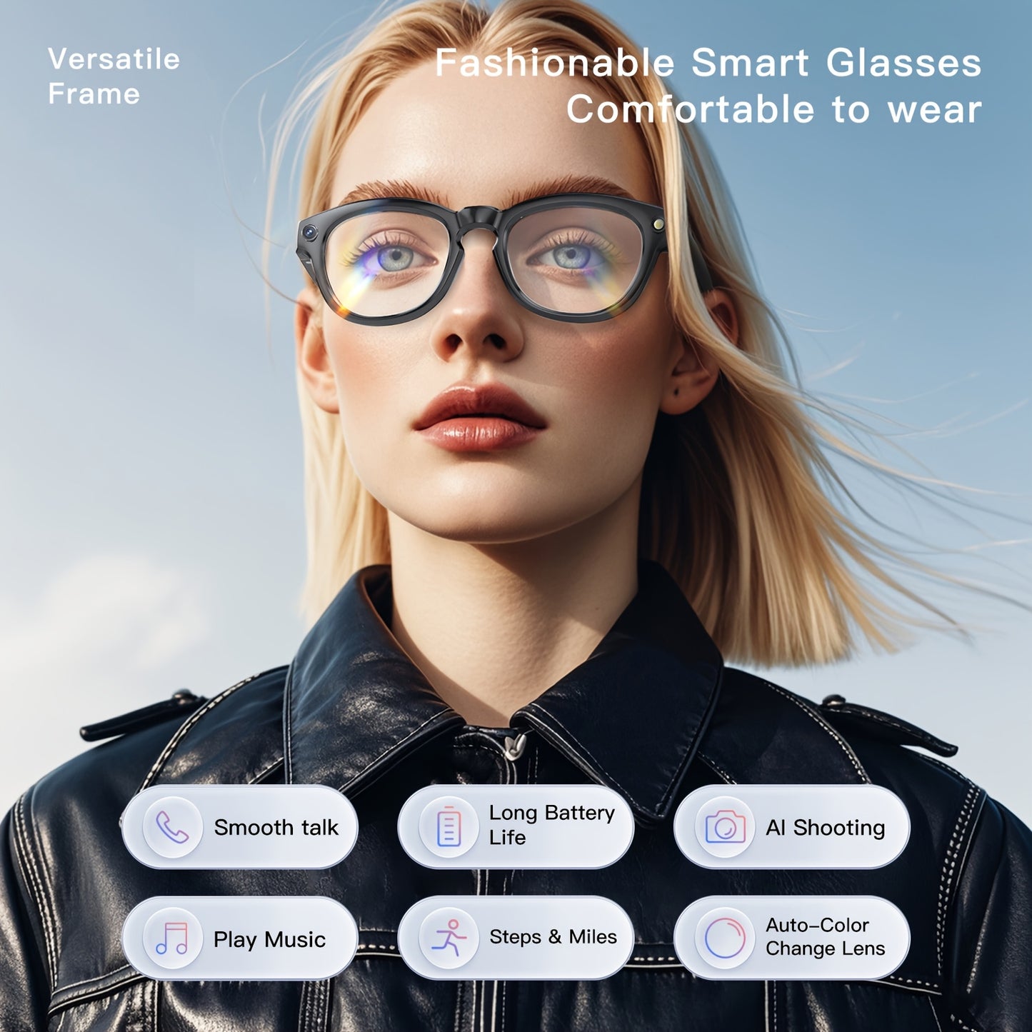 AI Voice Assistant Smart Glasses - Wireless Audio Calls, AI Translation, Remote Camera and Music Playback, Camera with LED Flashlight, Seamless App Connectivity for Recording Sports & Walking Data, the Perfect Gift