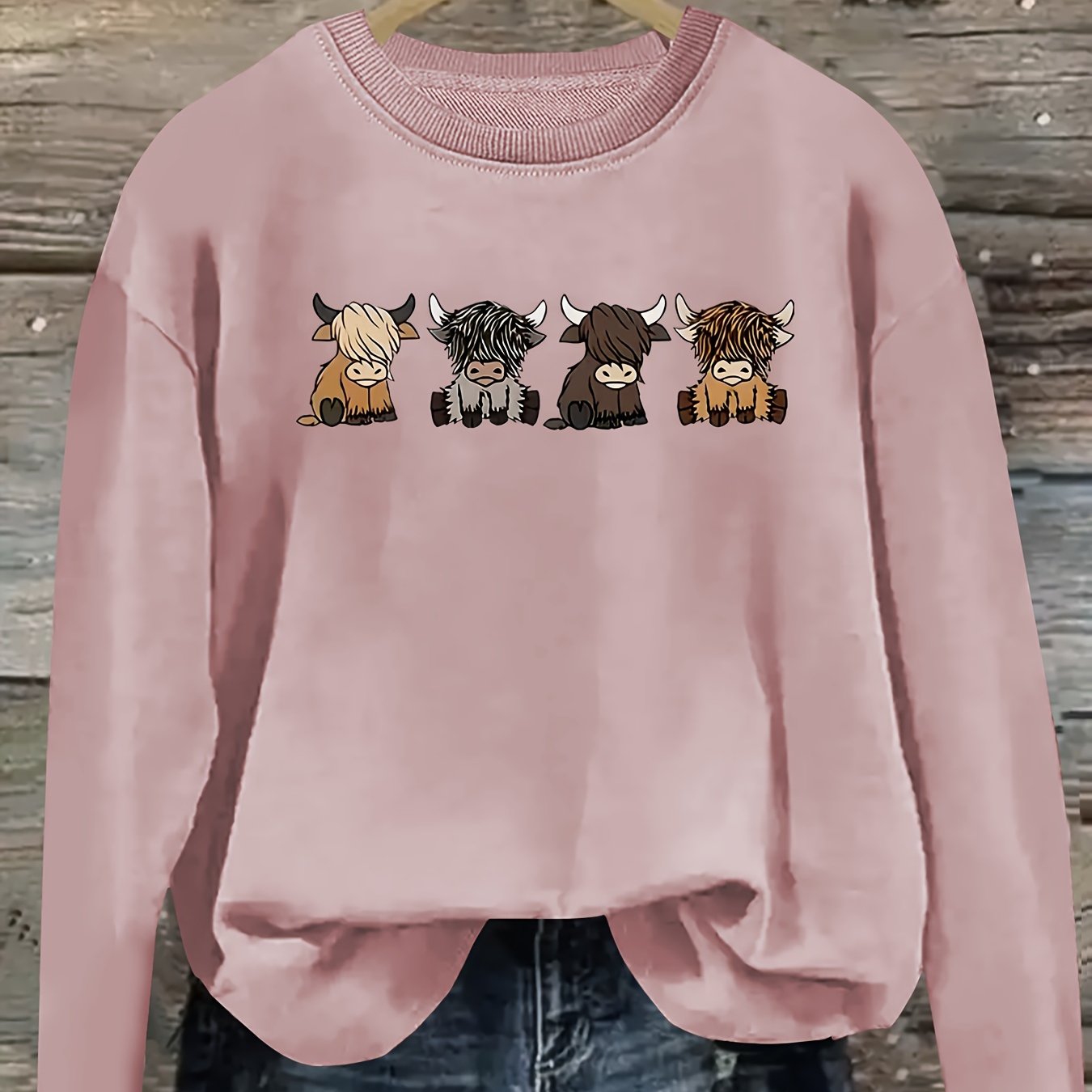 Women's Casual Long Sleeve Round Neck Sweatshirt - Cute Cartoon Cow Print Pullover, Cozy Beige Fall Winter Top, Machine Washable Regular Fit, Autumn Apparel, Comfortable Wear