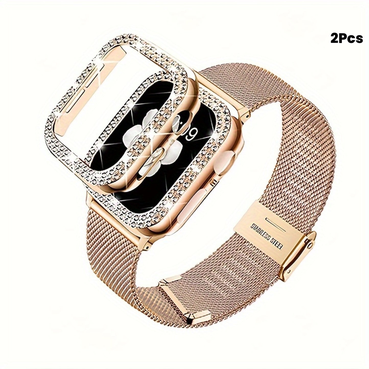 Dial Milan + Diamond Shell Golden Black Rose Golden Breathable Stainless Steel Braided Mesh Metal Strap Adjustable Suitable for iWatch series se s9 8 7 6 5 4 3 2 1 Series 2pcs Combination High-end Luxury Anti-collision Anti-scratch PC Hard Material Inlaid