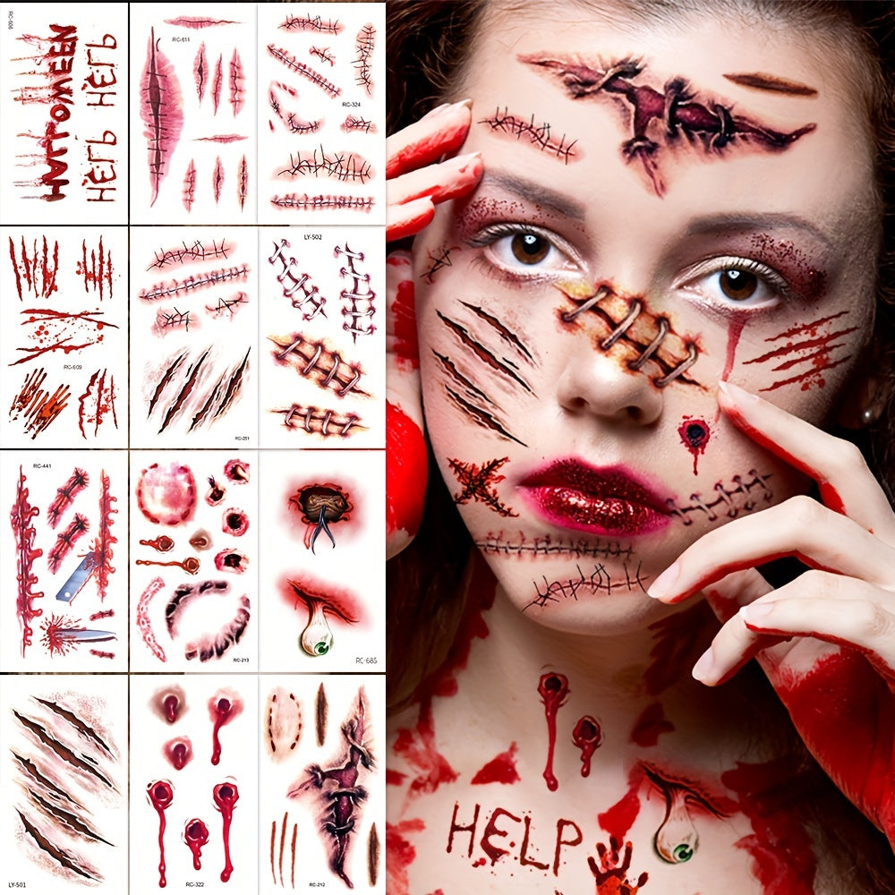 24 Sheets Halloween 3D Fake Scar Temporary Tattoos for Adults - Realistic Bloody Wound Designs for Face & Body, Perfect for Horror Cosplay, Masquerade Party, and Prank Makeup, Party Body Art | Graphic Tattoos | Detailed Tattoo Designs