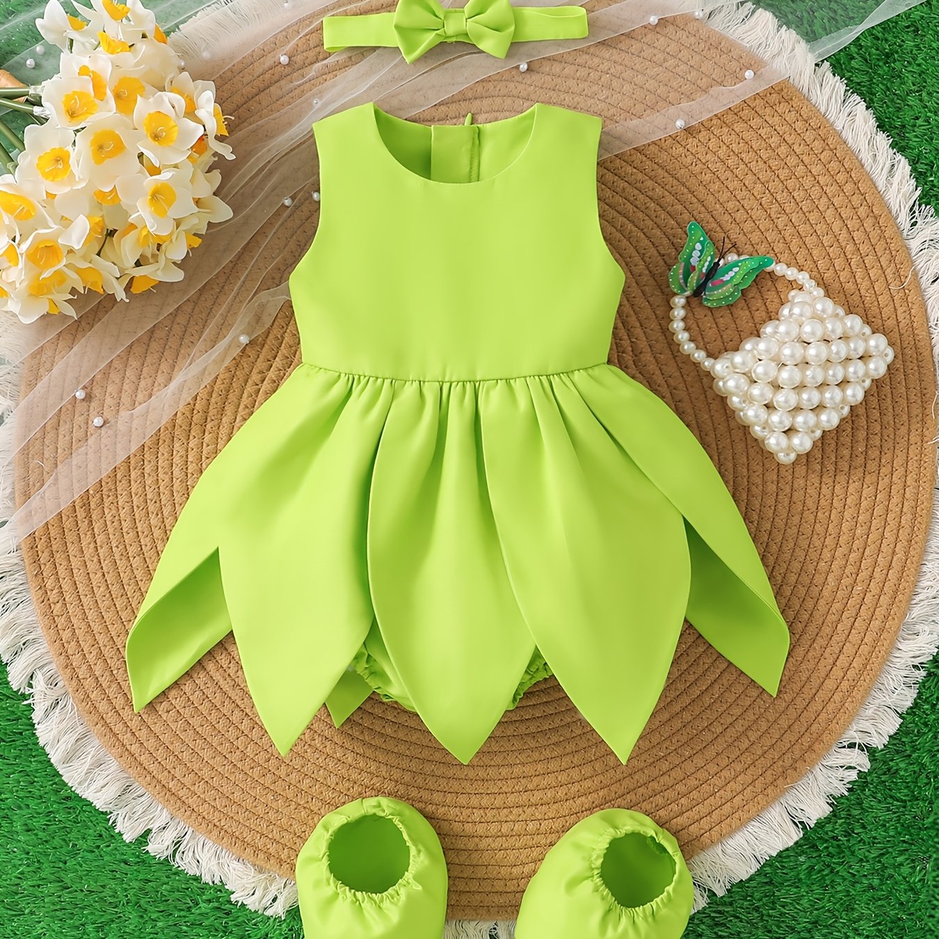 [Cute Fairy Dress] Summer Cute Green Fairy Princess Petal Dress Set for Baby Girl | Sleeveless Top with Ruffled Skirt, Matching Headband & Hair Accessories, Soft Non-Stretch Fabric