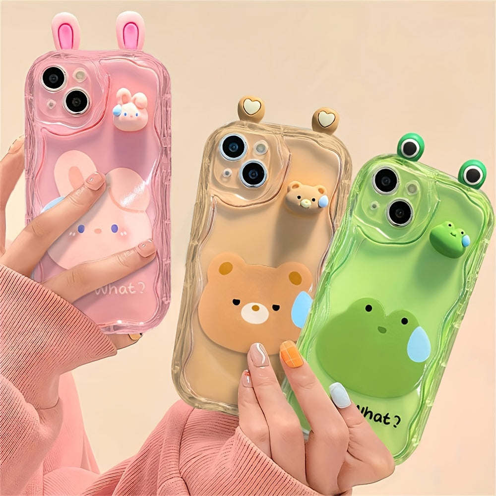 [Cute Cartoon Phone Case] iPhone 15 14 13 12 11 Pro Max XS Max X XR Soft Phone Case - Cute Cartoon 3D Transparent Pink Rabbit Green Frog Brown Bear Wavy Border Protector - Soft Cover
