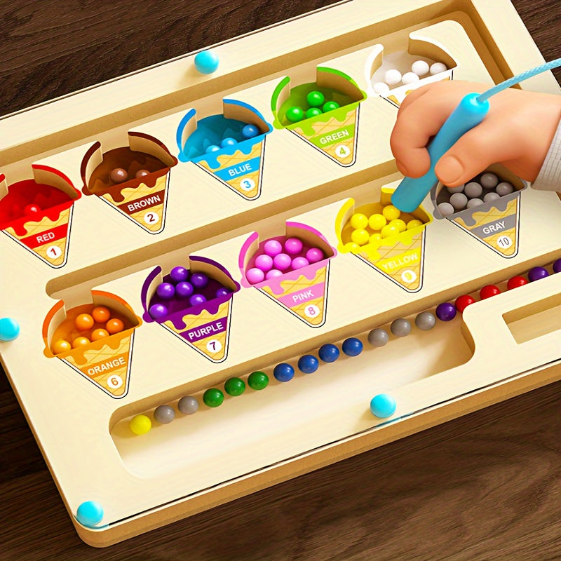 Wooden puzzle maze toy, focusing on training color classification, numerical calculation, suitable for children over three years old to walk in the maze magnetic ice cream Christmas, birthday gifts, Best for Christmas