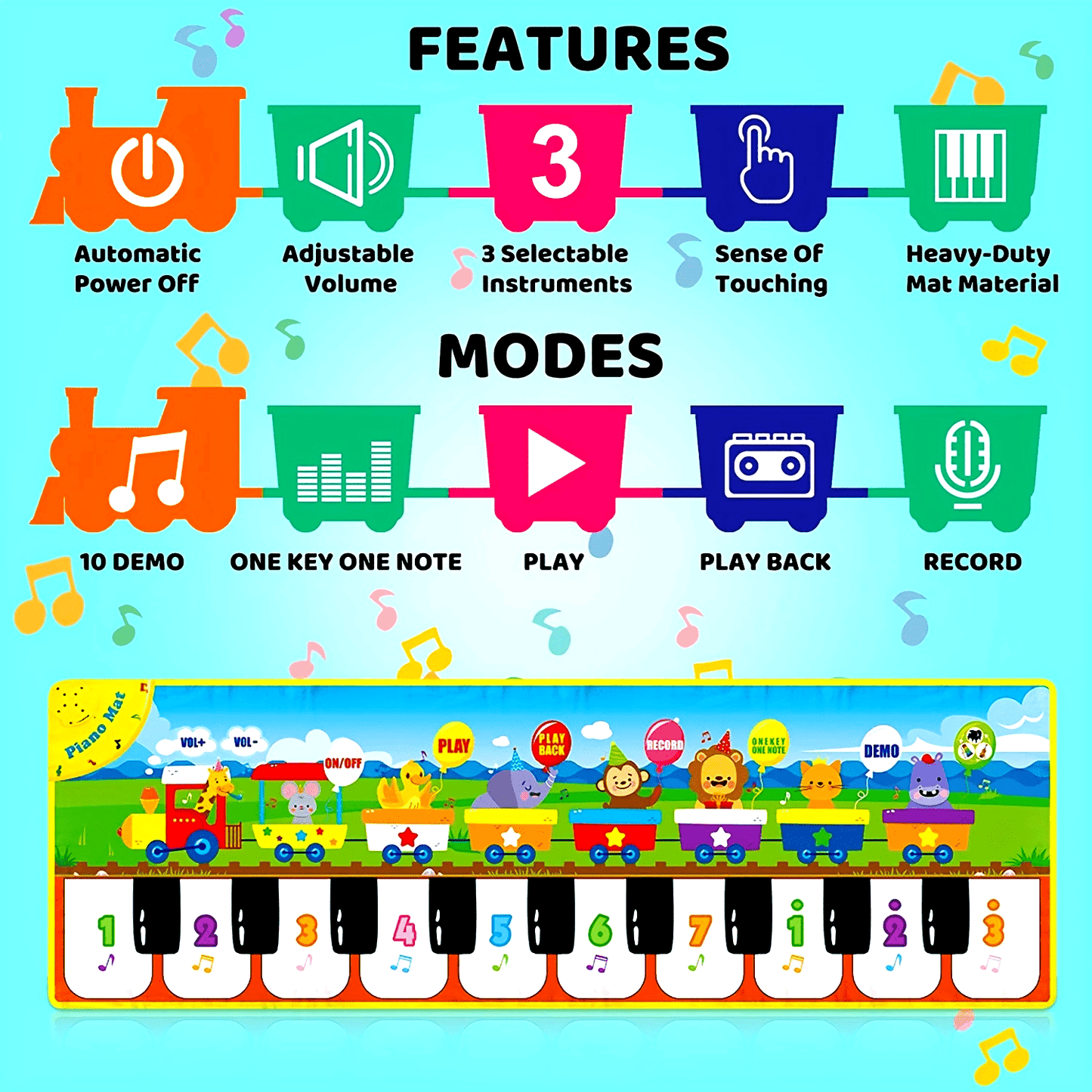 [Musical Piano Mat | Kids] 10 Songs | Musical Piano Mat for Kids, Floor Dance Toy | 8 Animal Sounds, 5 Modes, Children's Keyboard Blanket Music Touch Game Mat, Music Early Education Toy, Halloween Christmas Gift for Winter Ramadan Mubarak