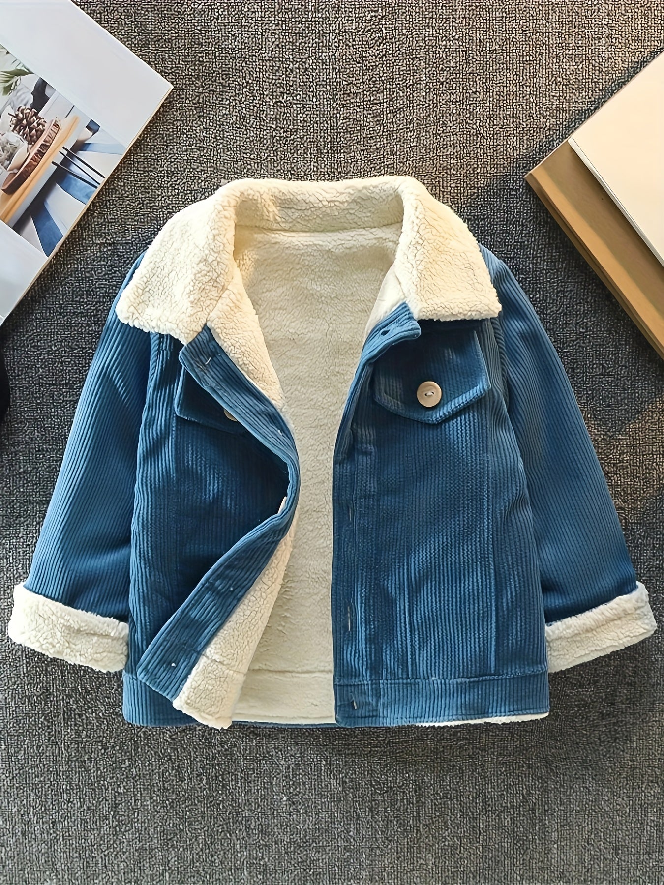 Boys Corduroy Fleece Jacket, Thick Button Front Coat, Boy's Clothes For Spring Fall Outdoor