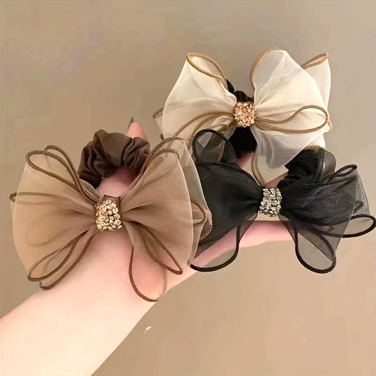 3pcs Elegant Vintage Rhinestone Bow Hair Ties - Stretchy Fabric, Net and Solid Color Design in Brown, Black, and White, Sparkling Crystal Embellishments, Perfect for Stylish Updos, Stylish Hair Accessories|Vintage Bow Design|Stretchy Headband, Hair Ties