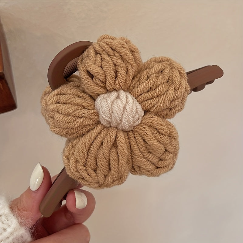 [Cute Hair Clips] Cute 1pc Chinese Style Flannelette Knitted Flower Jaw Clips | Hair Clamps Ponytail Holder Shark Clips, Color Matching Women Girls Hair Accessories