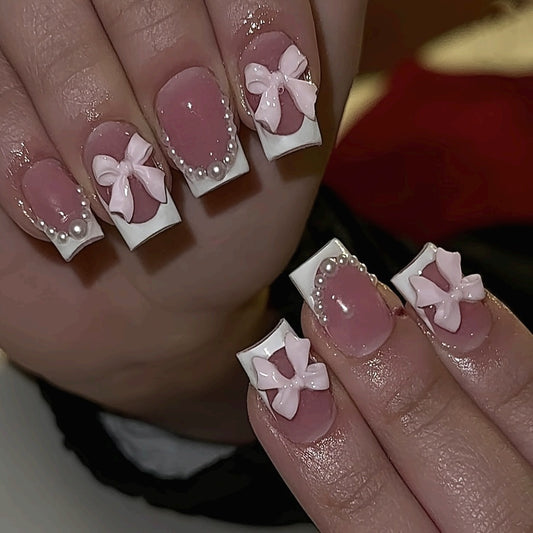 24pcs Pink French Press-On Nails with Bow & Dot Design - Short Coffin Shape Glossy Fake Nails for Women & s, Everyday & Special Occasions, Nails Accessories, Fashion Accessories, Sweet Aesthetic Nails, Decorative Pressons